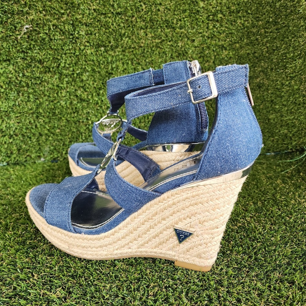 Guess Espadrille Platform Open Toe, Jeans Blue Size 7.5 Classic Summer Boho - Picture 7 of 8